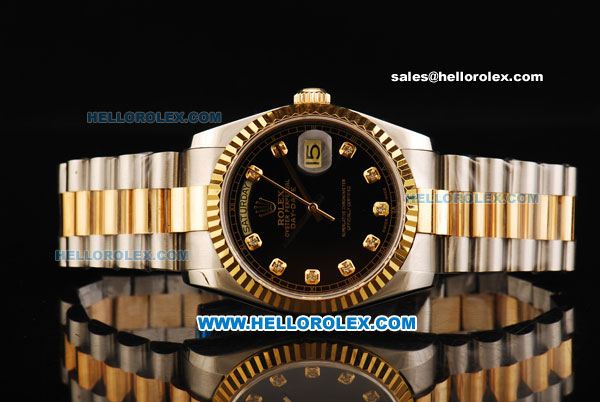 Rolex Day Date Rolex 3156 Automatic Movement Gold Bezel with Black Dial and Diamond Markers - Two Tone Strap - Click Image to Close